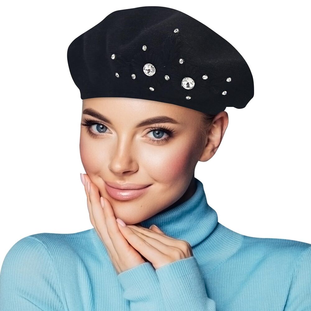 4775 Beret Hats For Women, Rabbit Fur Beret Hat Flowers Rhinestone French